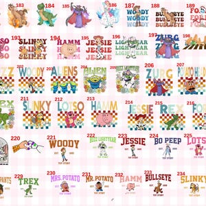 May include: A collection of digital graphic designs featuring various Toy Story characters including Woody, Buzz Lightyear, Jessie, and others, each labelled with numbers from 181 to 235, displayed in a grid format on a light pink checkered background.