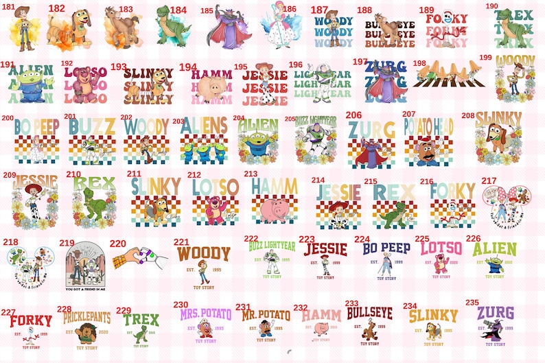 May include: A collection of digital graphic designs featuring various Toy Story characters including Woody, Buzz Lightyear, Jessie, and others, each labelled with numbers from 181 to 235, displayed in a grid format on a light pink checkered background.