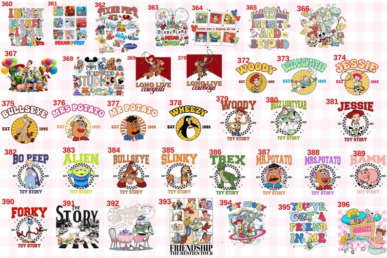 Puede incluir: Una colecci&oacute;n de dise&ntilde;os tem&aacute;ticos de Toy Story, con personajes como Woody, Buzz Lightyear y Sr. Potato. Cada dise&ntilde;o es un gr&aacute;fico circular con los nombres de los personajes y el texto "Toy Story". Los dise&ntilde;os son de varios colores.