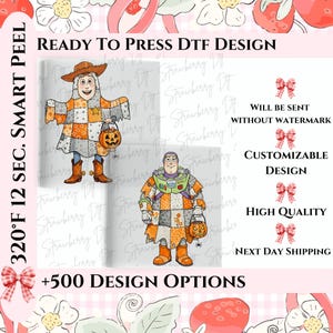 May include: DTF design featuring two cartoon characters in patchwork costumes holding jack-o'-lanterns. The text reads "READY TO PRESS DTF DESIGN", "WILL BE SENT WITHOUT WATERMARK", "CUSTOMIZABLE DESIGN", "HIGH QUALITY", and "+500 DESIGN OPTIONS".