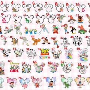May include: A collection of eighty numbered graphic designs featuring Toy Story characters, including Woody, Buzz Lightyear, and various icons. The images include character silhouettes, Mickey-shaped outlines, and text phrases like You've Got a Friend in Me.