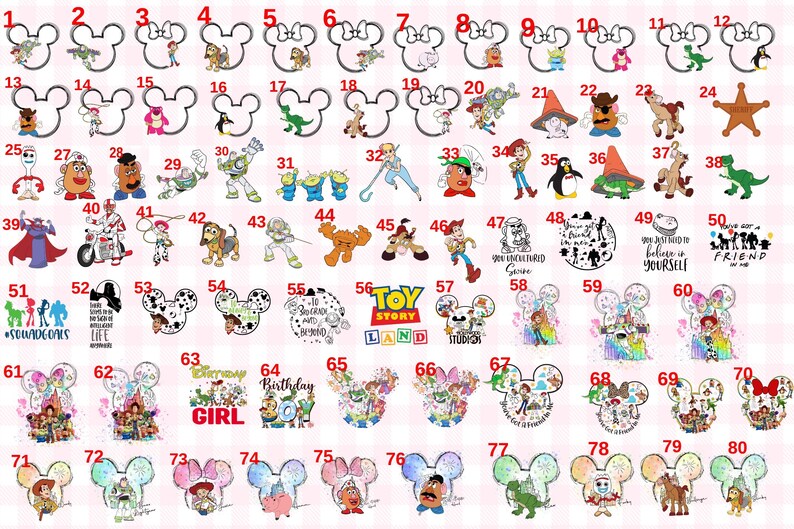 May include: A collection of eighty numbered graphic designs featuring Toy Story characters, including Woody, Buzz Lightyear, and various icons. The images include character silhouettes, Mickey-shaped outlines, and text phrases like You've Got a Friend in Me.