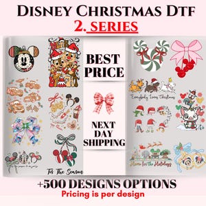 May include: A collection of Disney-themed Christmas DTF transfer designs featuring various characters, holiday icons, and festive patterns. The sheet includes illustrations of Mickey Mouse, Stitch, and other figures, alongside text elements like Merry and Bright.