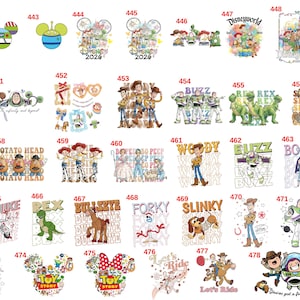May include: A collection of colourful graphic designs featuring Toy Story characters including Woody, Buzz Lightyear, Jessie, Rex, Slinky Dog, and Bo Peep, arranged in a grid with individual identification numbers from 441 to 478 for each illustration.