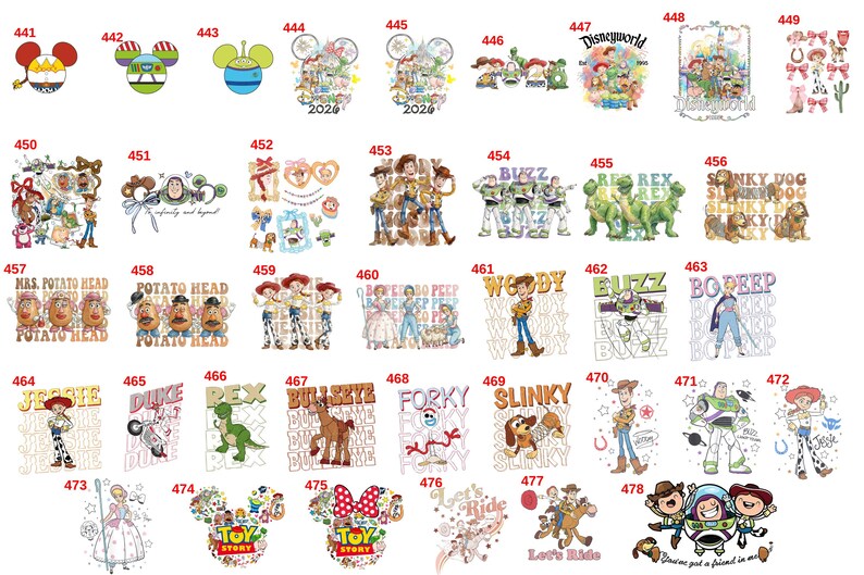 Puede incluir: Una colecci&oacute;n de dise&ntilde;os gr&aacute;ficos coloridos con personajes y logotipos de las franquicias Toy Story y Disney. Los dise&ntilde;os incluyen orejas de Mickey Mouse, Woody, Buzz Lightyear y otros personajes. Los dise&ntilde;os son adecuados para diversas aplicaciones.