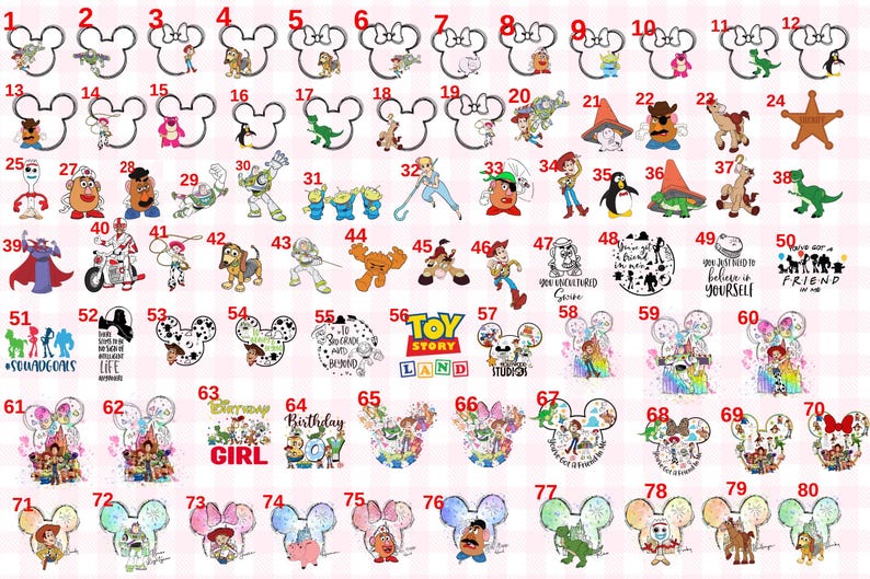 Puede incluir: Una colecci&oacute;n de 80 llaveros tem&aacute;ticos de personajes, con personajes de Disney y Pixar. Los dise&ntilde;os incluyen Mickey Mouse, personajes de Toy Story y varias otras figuras de dibujos animados. Los llaveros son de varios colores y estilos.