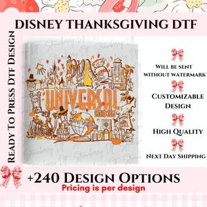 May include: A DTF transfer design featuring a Universal Studios theme with orange and brown autumn-inspired graphics, including a globe, castle, and park landmarks. The text reads UNIVERSAL STUDIOS in a bold orange font with falling leaf accents.