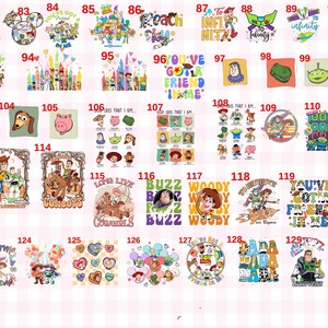 Puede incluir: Una colecci&oacute;n de dise&ntilde;os gr&aacute;ficos coloridos con personajes y temas de la pel&iacute;cula animada "Toy Story". Los dise&ntilde;os incluyen personajes como Buzz Lightyear, Woody y otros, con elementos de texto.