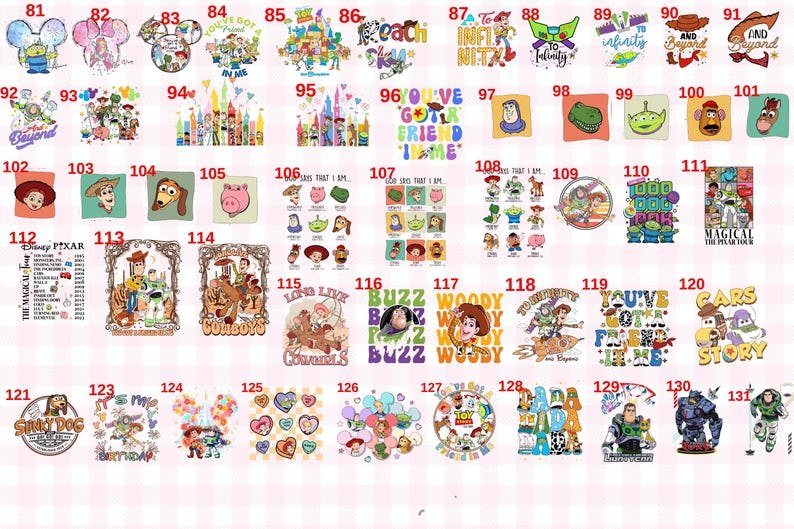 Puede incluir: Una colecci&oacute;n de dise&ntilde;os gr&aacute;ficos coloridos con personajes y temas de la pel&iacute;cula animada "Toy Story". Los dise&ntilde;os incluyen personajes como Buzz Lightyear, Woody y otros, con elementos de texto.