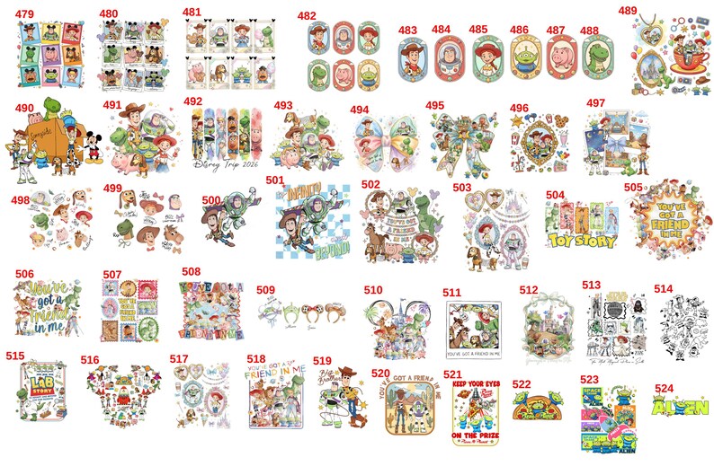 May include: A collection of colourful digital illustrations featuring various Toy Story characters including Woody, Buzz Lightyear, Jessie, and Rex, arranged in a grid with individual identification numbers ranging from 479 to 524.