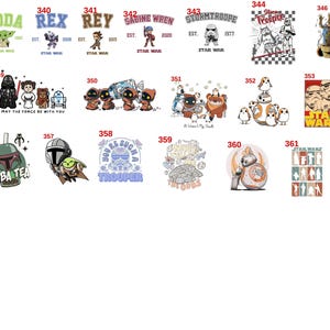 May include: A collection of twenty-five distinct Star Wars themed graphic designs arranged in a grid, each labeled with a unique identification number from 338 to 362. The illustrations feature various characters, droids, and iconic symbols.