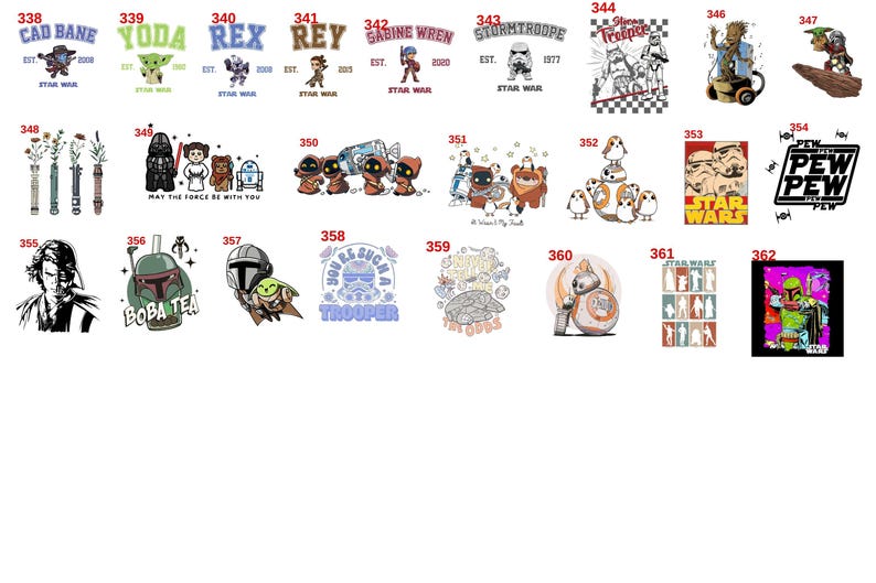 May include: A collection of twenty-five distinct Star Wars themed graphic designs arranged in a grid, each labeled with a unique identification number from 338 to 362. The illustrations feature various characters, droids, and iconic symbols.