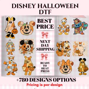 May include: A collection of Disney-themed Halloween DTF heat transfer designs featuring patchwork-style characters like Mickey, Minnie, Donald, Stitch, Tigger, and Winnie the Pooh in orange and brown tones, with text including BEST PRICE and 780 DESIGNS OPTIONS.