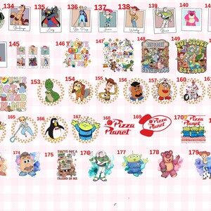 May include: A collection of Toy Story character graphics and logos numbered 132 through 180, featuring Buzz Lightyear, Woody, Jessie, Bullseye, Rex, Slinky Dog, Mr. Potato Head, Forky, Zurg, Bo Peep, Lotso, and the Pizza Planet logo in various styles.