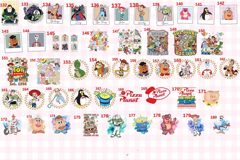 May include: A collection of Toy Story character graphics and logos numbered 132 through 180, featuring Buzz Lightyear, Woody, Jessie, Bullseye, Rex, Slinky Dog, Mr. Potato Head, Forky, Zurg, Bo Peep, Lotso, and the Pizza Planet logo in various styles.