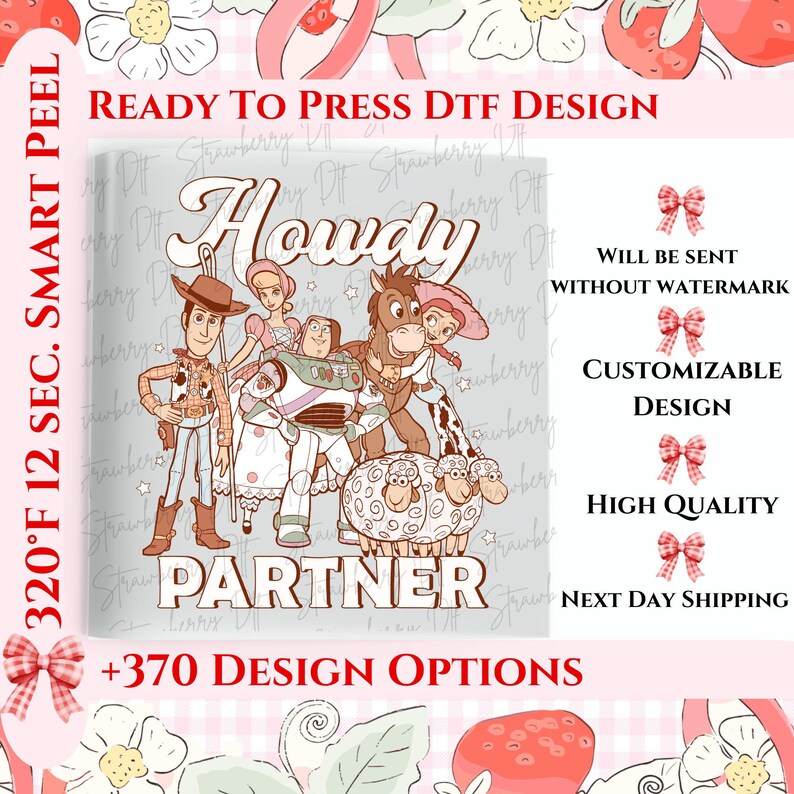 May include: A ready to press DTF design featuring a group of animated characters including a cowboy, a space ranger, a cowgirl, and three sheep. The text Howdy Partner is printed in large brown letters. The background is light grey with small stars.