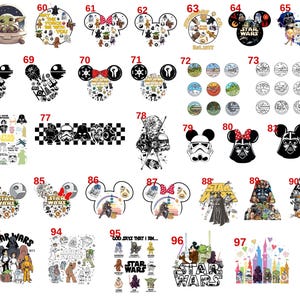 May include: A collection of forty-one Star Wars themed graphic designs numbered 58 through 98, featuring various characters like Grogu, Darth Vader, and Stormtroopers, alongside iconic symbols, Mickey Mouse ear silhouettes, and text logos.
