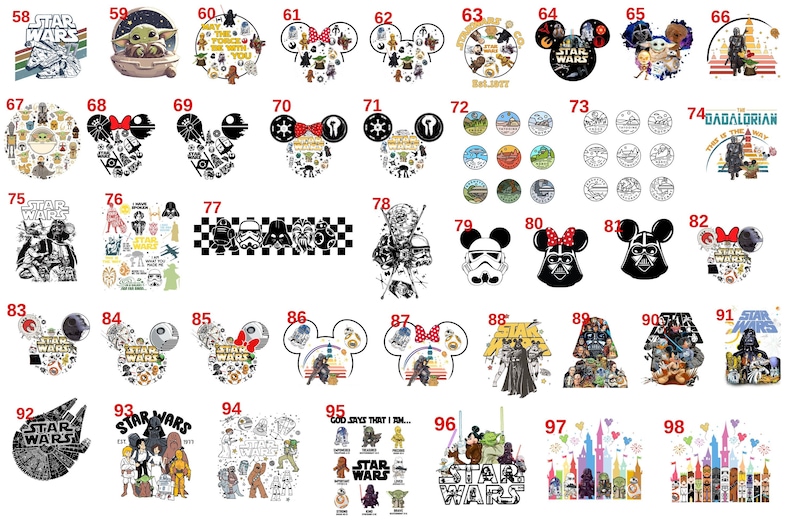 May include: A collection of forty-one Star Wars themed graphic designs numbered 58 through 98, featuring various characters like Grogu, Darth Vader, and Stormtroopers, alongside iconic symbols, Mickey Mouse ear silhouettes, and text logos.