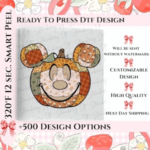 May include: A ready-to-press DTF design featuring a Mickey Mouse pumpkin face with patchwork details in orange, brown, and green. The design includes text that says "Ready to Press DTF Design" and "+500 Design Options".