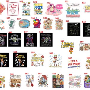 May include: A collection of forty-three distinct graphic designs featuring characters and themes from the Toy Story franchise, each labeled with a unique identification number ranging from 525 to 567, displayed in a grid layout on a white background.