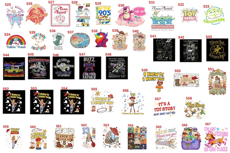 May include: A collection of forty-three distinct graphic designs featuring characters and themes from the Toy Story franchise, each labeled with a unique identification number ranging from 525 to 567, displayed in a grid layout on a white background.