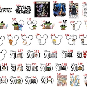 May include: A collection of graphic designs featuring Star Wars characters and Disney-themed icons, including Mickey Mouse silhouettes, text reading Disney Crew, Star Wars, and Disney Squad, plus various character illustrations numbered 99 through 149.