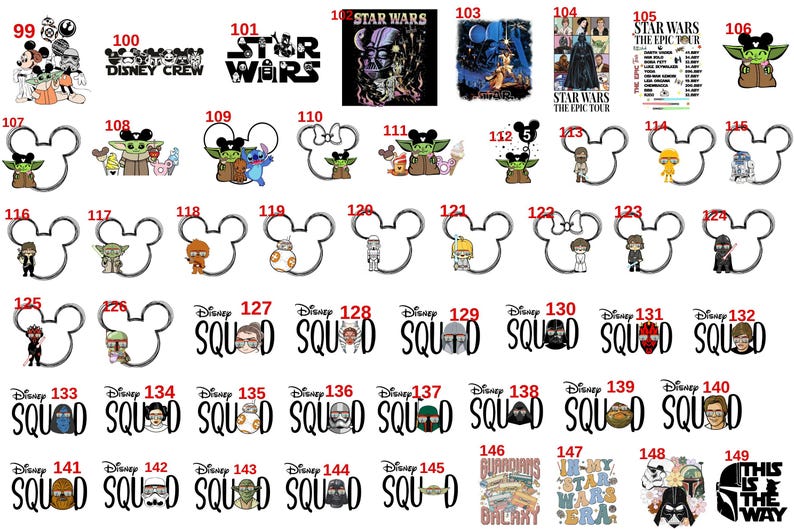 May include: A collection of graphic designs featuring Star Wars characters and Disney-themed icons, including Mickey Mouse silhouettes, text reading Disney Crew, Star Wars, and Disney Squad, plus various character illustrations numbered 99 through 149.