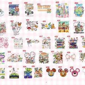 May include: A collection of forty-four colourful graphic designs featuring Toy Story characters, including Woody, Buzz Lightyear, and Jessie. Each design is numbered from 397 to 440 and displays various scenes, logos, and icons related to the film franchise.