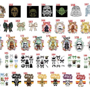 May include: A collection of Star Wars themed graphic designs featuring characters like Yoda, Darth Vader, and Stormtroopers, alongside various bows, floral frames, and text logos, organized in a numbered grid from 150 to 197 for selection.