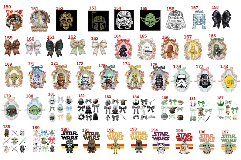 May include: A collection of Star Wars themed graphic designs featuring characters like Yoda, Darth Vader, and Stormtroopers, alongside various bows, floral frames, and text logos, organized in a numbered grid from 150 to 197 for selection.