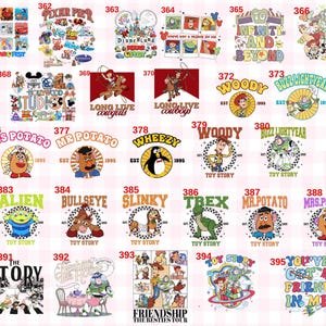 May include: A collection of thirty-seven colorful graphic designs featuring various Toy Story characters, including Woody, Buzz Lightyear, Jessie, and others, each labeled with a unique reference number from 360 to 396 on a light pink grid background.