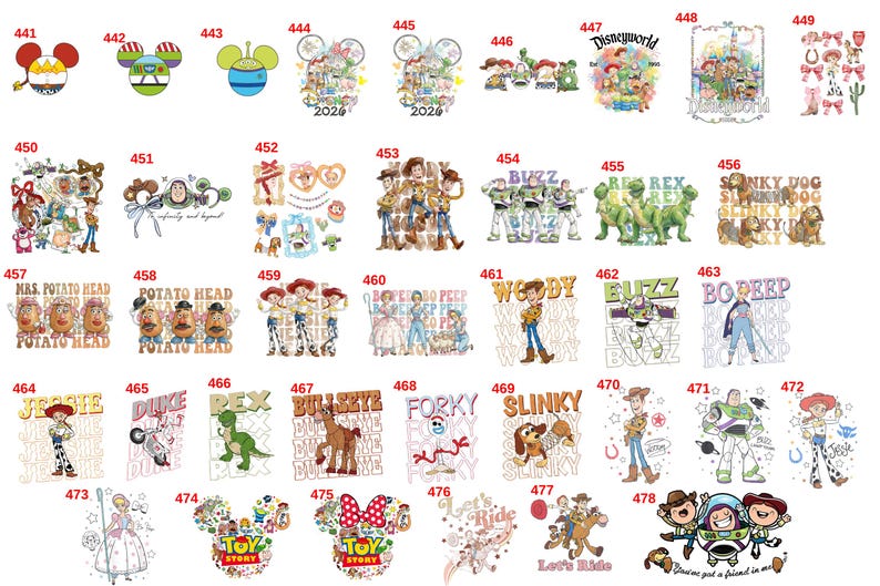 May include: A collection of colourful graphic designs featuring Toy Story characters including Woody, Buzz Lightyear, Jessie, Rex, Slinky Dog, and Bo Peep, arranged in a grid with individual identification numbers from 441 to 478 for each illustration.