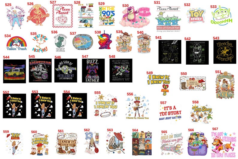 May include: A collection of forty-three distinct graphic designs featuring characters and themes from the Toy Story franchise, each labelled with a unique identification number ranging from 525 to 567, displayed in a grid layout on a white background.