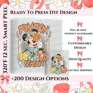 May include: A DTF transfer design featuring a cartoon mouse character wearing a floral crown, surrounded by pumpkins and the text PUMPKIN SEASON. The graphic includes a checkered circle background, orange, yellow, and teal colors, and floral accents.