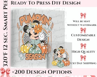 May include: A DTF design featuring a cartoon character with a floral crown, surrounded by pumpkins. The design includes the text "PUMPKIN SEASON" in orange and the text "READY TO PRESS DTF DESIGN". Additional text includes "WILL BE SENT WITHOUT WATERMARK".