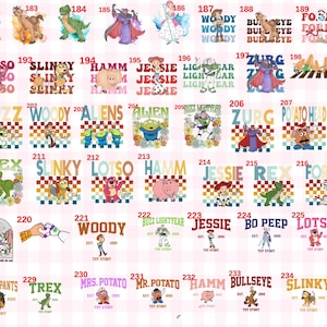 May include: A collection of digital graphic designs featuring various Toy Story characters including Woody, Buzz Lightyear, Jessie, and others, each labeled with numbers from 181 to 235, displayed in a grid format on a light pink checkered background.