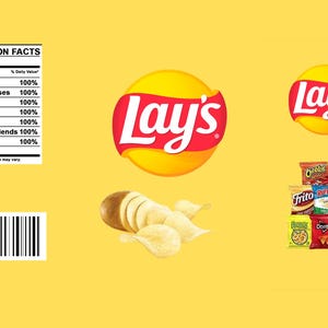 May include: A yellow background features the Lay's logo in red and white, along with a potato and chips. A nutrition facts label lists "Happiness," "Hugs & Kisses," and other positive attributes as 100% daily value. Several small bags of chips are also visible.