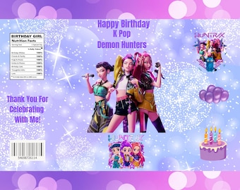 May include: A birthday-themed graphic with the text "Happy Birthday K Pop Demon Hunters." The design features three animated figures holding microphones, a cake with candles, and the text "Thank You For Celebrating With Me!"