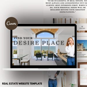 May include: A laptop displays a real estate website template with the text "Find Your Desire Place." The screen shows a modern interior with ocean views. A woman in a white shirt and jeans is on the phone. The Canva logo is visible.