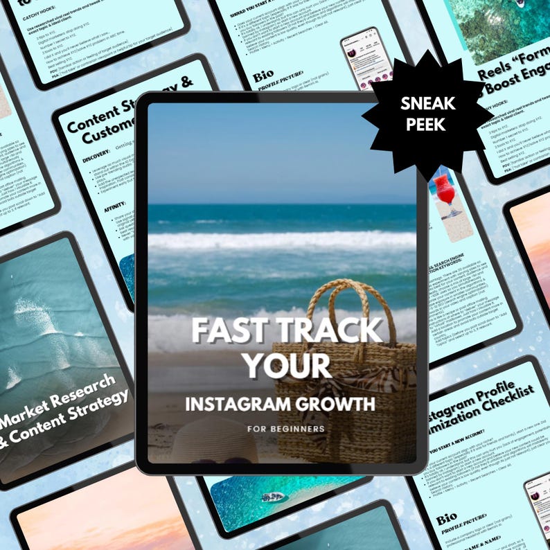 May include: A digital tablet displays the text "FAST TRACK YOUR INSTAGRAM GROWTH FOR BEGINNERS" over a beach scene. A woven tote bag sits on the sand. Other tablets with social media marketing content surround the main tablet.