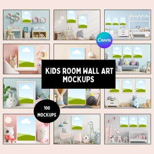 May include: A collection of kids' room wall art mockups. The image showcases various interior scenes with framed art featuring a blue sky and green landscape. The text "KIDS ROOM WALL ART MOCKUPS" is displayed prominently, along with a "100 MOCKUPS" label.
