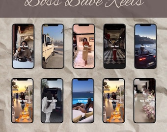 May include: A collage of 10 phone screens showcasing various images, including a woman in a dress, a car, a pool, and a floral arrangement. The text "Boss Babe Reels" and "300 Boss Babe Reels" are displayed on the image.