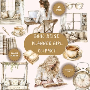 Watercolor Boho Beige Planner Clipart, Aesthetic Journal Planner Stickers, Vintage Neutral PNG, Scrapbook Digital Download, Commercial Use