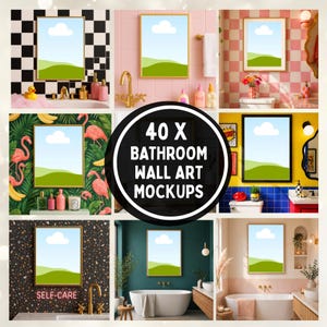 May include: A collage of bathroom wall art mockups. Each mockup features a framed landscape painting with a blue sky, white cloud, and green hills. The image includes various bathroom settings with different decor and color schemes.