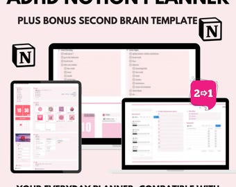 ADHD Life Planner Notion Template - Pink Second Brain System (Digital Download)