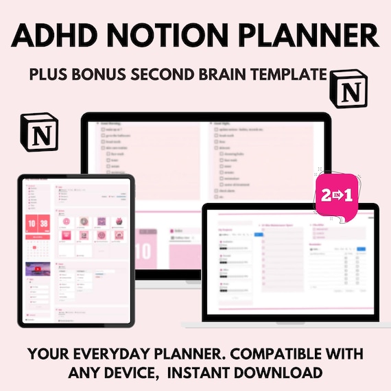 ADHD Life Planner Notion Template - Pink Second Brain System (Digital Download)