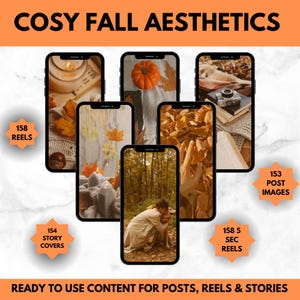Cozy fall aesthetic digital content bundle with faceless autumn photos, reels, and Thanksgiving stock images. Warm-toned cozy autumn flat lay with pumpkins, candles, and faceless aesthetic for social media branding. Faceless cozy fall woman holding coffee, wearing sweater with autumn leaves, perfect for emotional branding. Vertical fall aesthetic Instagram Reels template for Thanksgiving or Halloween social content.