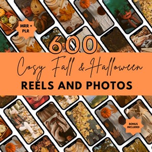 Op de afbeelding: Een collage van 600 telefoon schermafbeeldingen met gezellige herfst- en Halloween-thema's. De afbeeldingen bevatten pompoenen, bladeren, koffie en andere herfstachtige elementen. De tekst "600 Cozy Fall & Halloween Reels and Photos" wordt in het midden van de afbeelding weergegeven. Een bonus is inbegrepen.