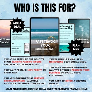 May include: Digital marketing guide with the text "Fast Track Your Instagram Growth for Beginners" on a tablet. Other tablets display checklists and strategies. The image includes the text "Who is this for?" and lists benefits for beginners and business owners.