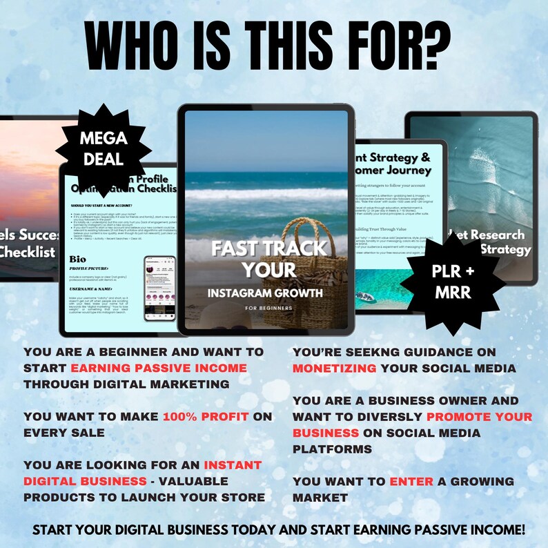 May include: Digital marketing guide with the text "Fast Track Your Instagram Growth for Beginners" on a tablet. Other tablets display checklists and strategies. The image includes the text "Who is this for?" and lists benefits for beginners and business owners.